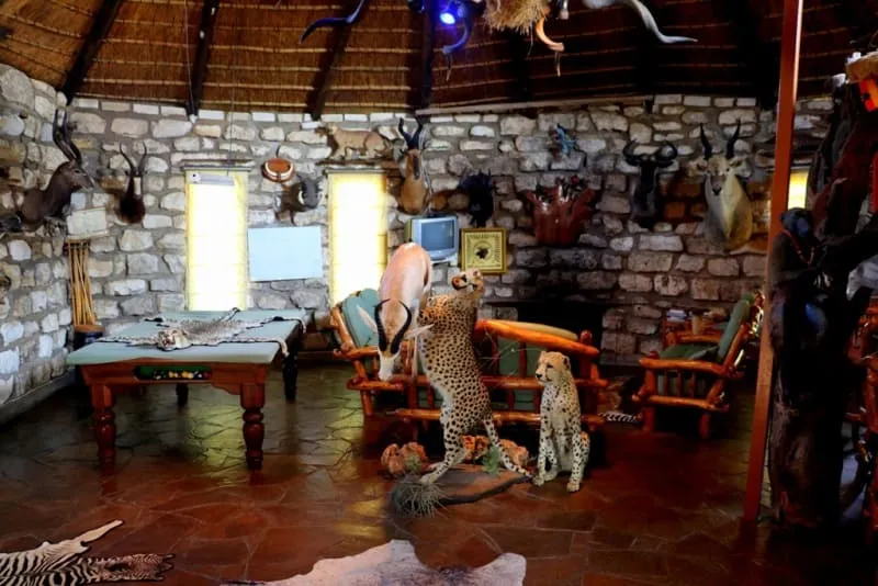 Sala principal panorámica, un espacio emblemático del lodge con decoración africana, zona social y ambiente tradicional.